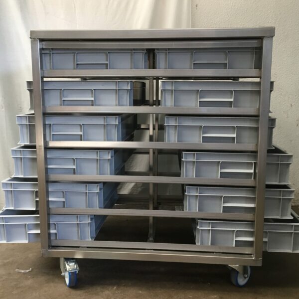 RVS zaden-grondstoffenwagen met 2 x 6 bakken 600x400x120mm
