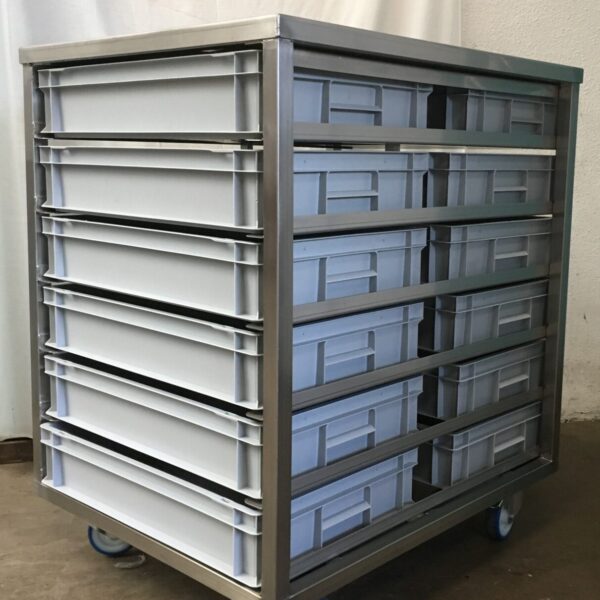 RVS zaden-grondstoffenwagen met 2 x 6 bakken 600x400x120mm - Afbeelding 2